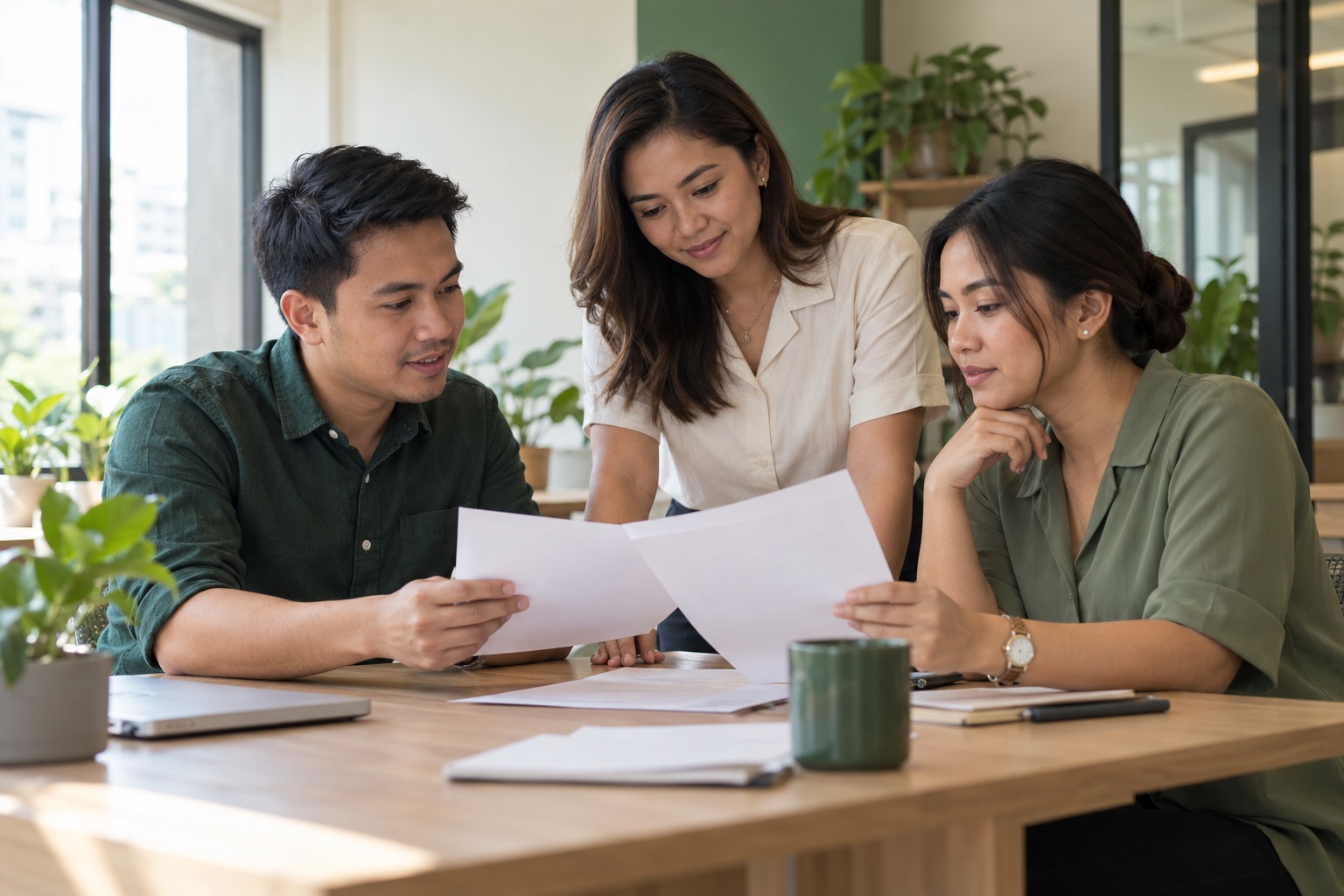 Three Filipino colleagues reviewing blank papers together around an office table
