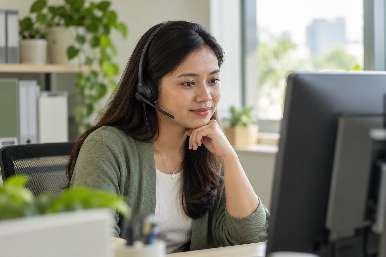 A customer-support representative listening attentively at her desk