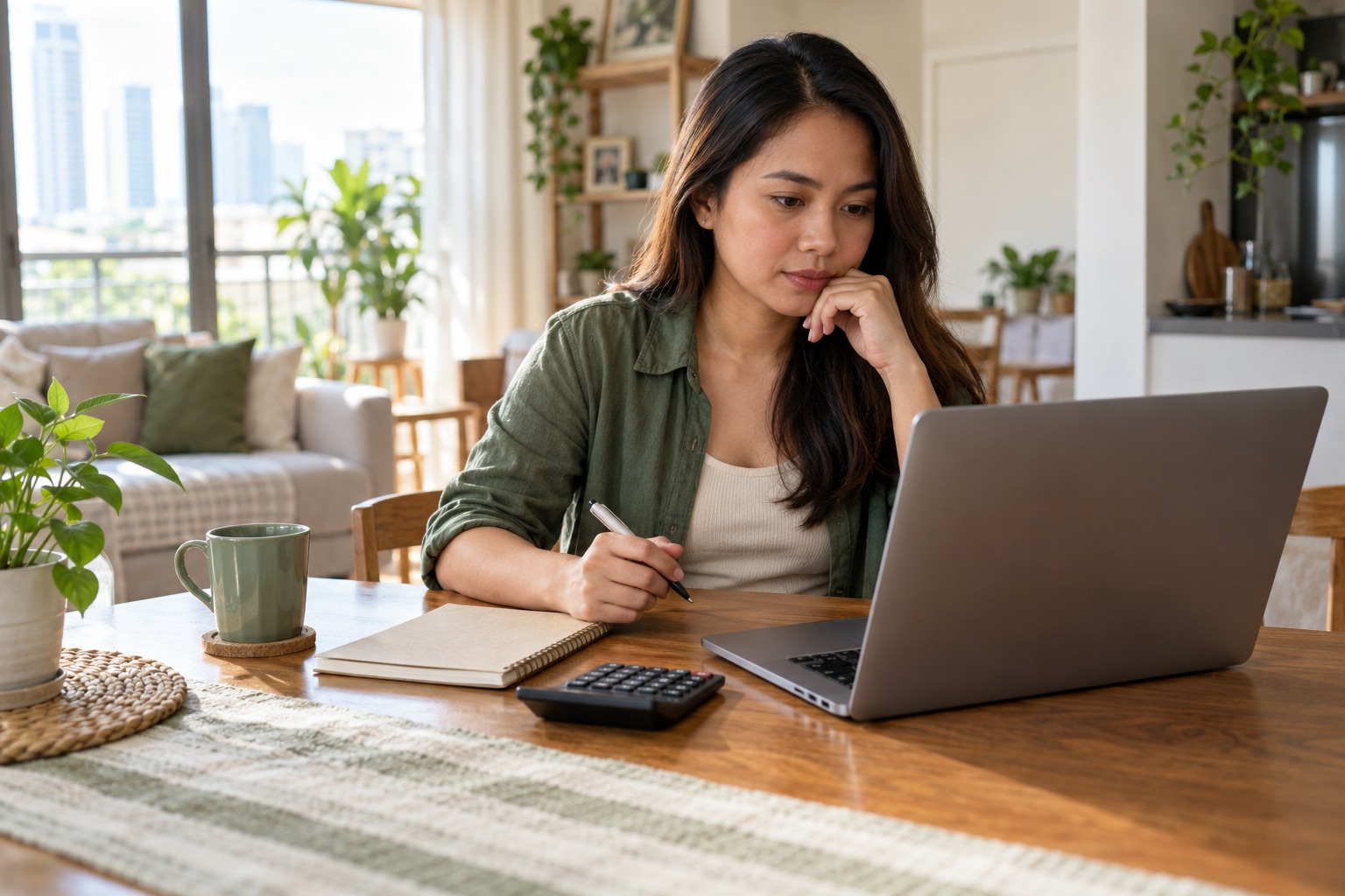A woman reviews product information on a laptop at home